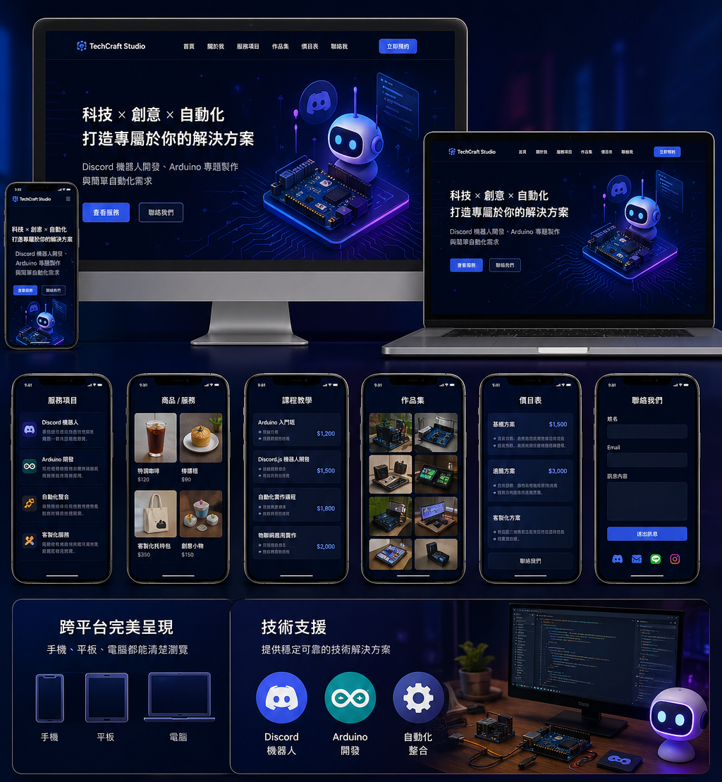 科技風網站、Discord 機器人、Arduino 與自動化服務整體展示圖